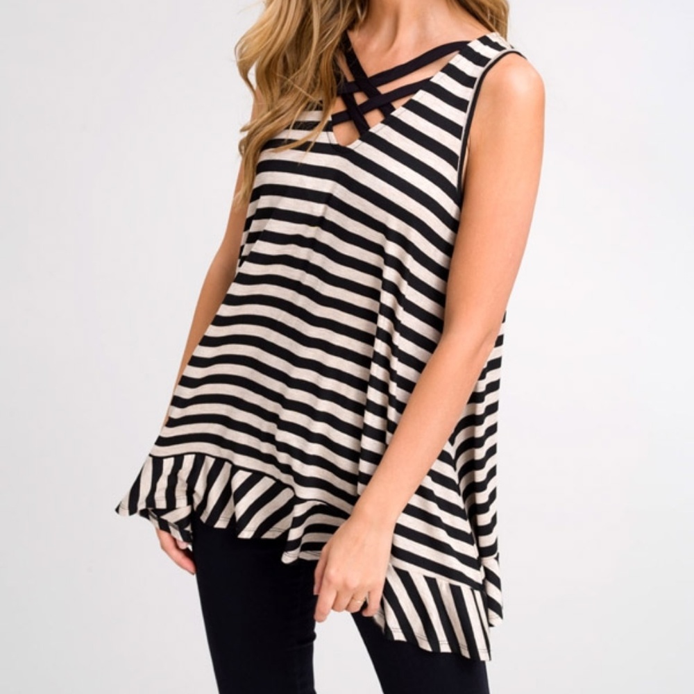 Black Striped Ruffle Hem Tunic Tank - Picture 4 of 5